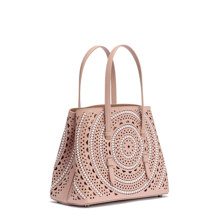 Small beige leather braided tote bag