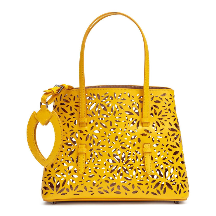 Yellow laser-cut leather small tote