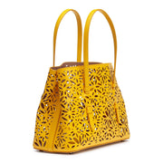 Yellow laser-cut leather small tote