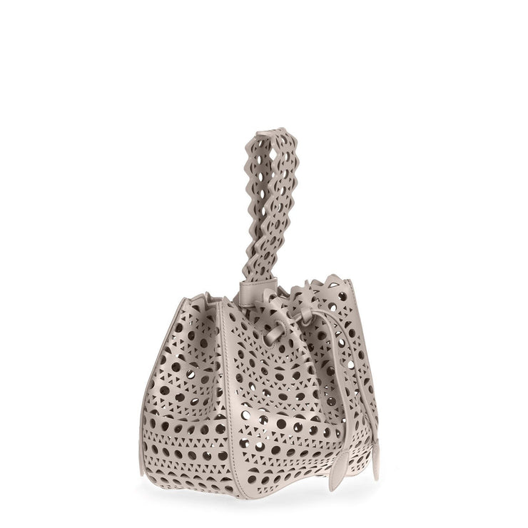 Light grey laser-cut small bucket bag