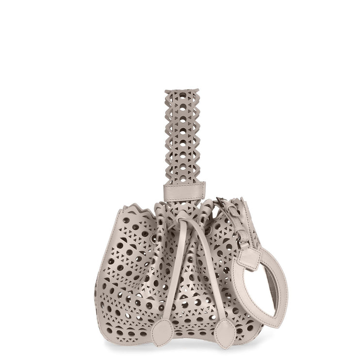 Light grey laser-cut small bucket bag