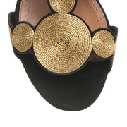 Black suede gold raffia flat sandals