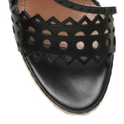 Black leather wedge espadrille sandals