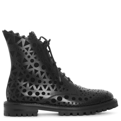 Black laser cut flat boots