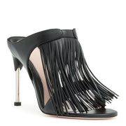 Black leather fringes mules