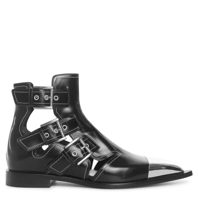Black leather cage ankle boots