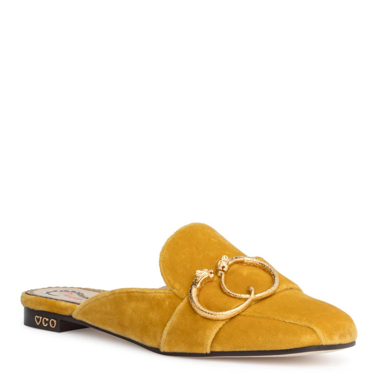 Yellow 20 velvet mule flats