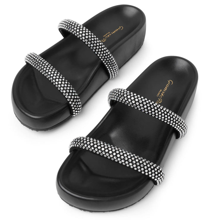 Croisette black leather crystal slide sandals