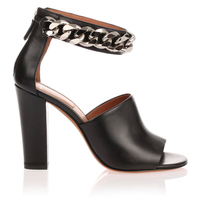 Black leather ankle chain sandal
