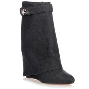 Fold-over denim shark lock ankle boot