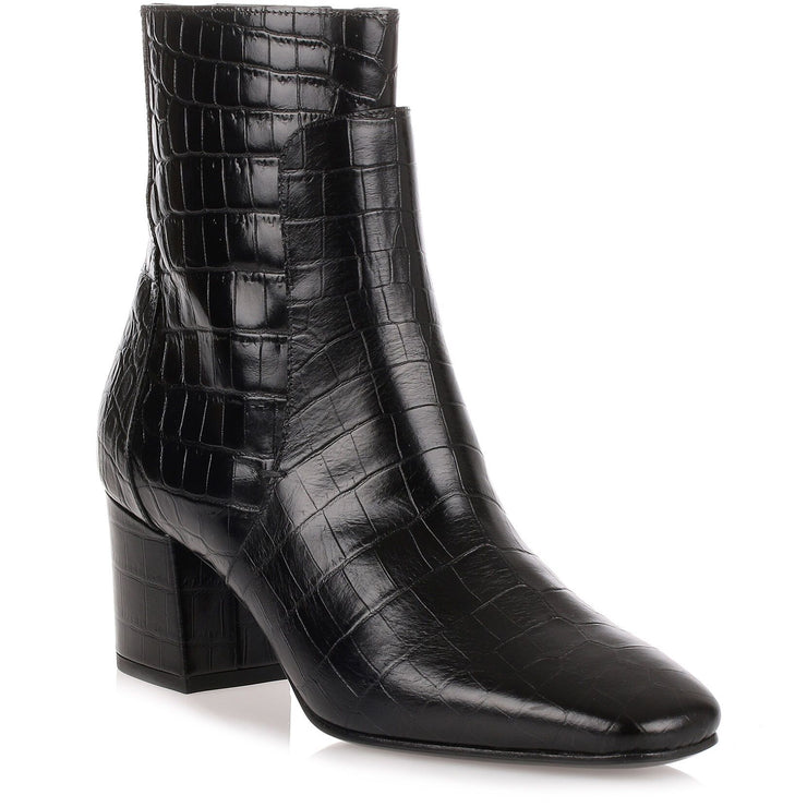 Black croc-embossed ankle boot