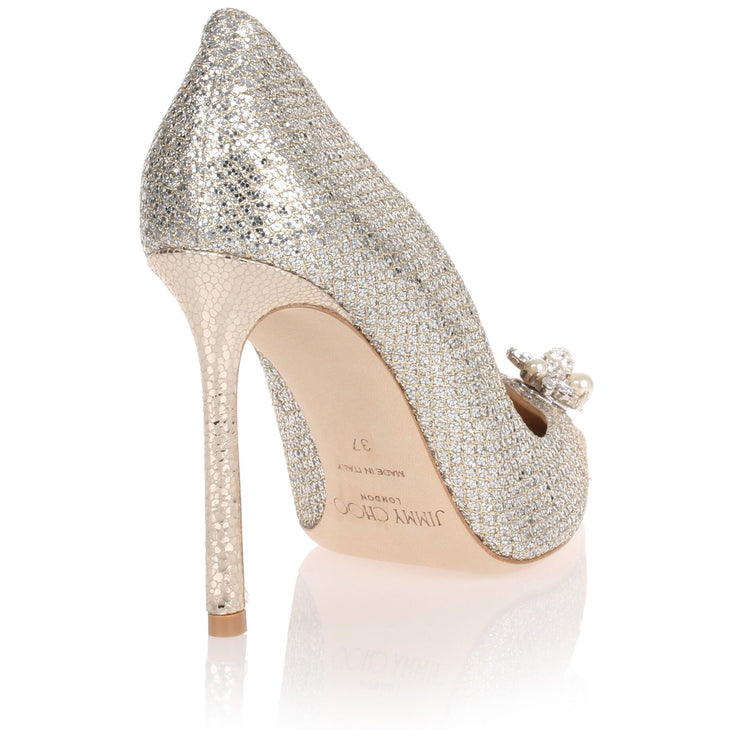 Jasmine champagne glitter pump with jewelled buttons
