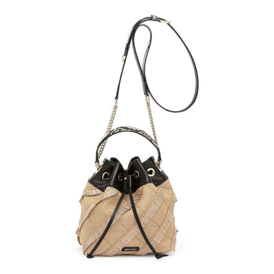 Fringed fine woven raffia bucket bag