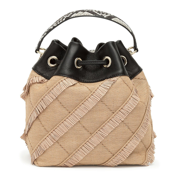 Fringed fine woven raffia bucket bag