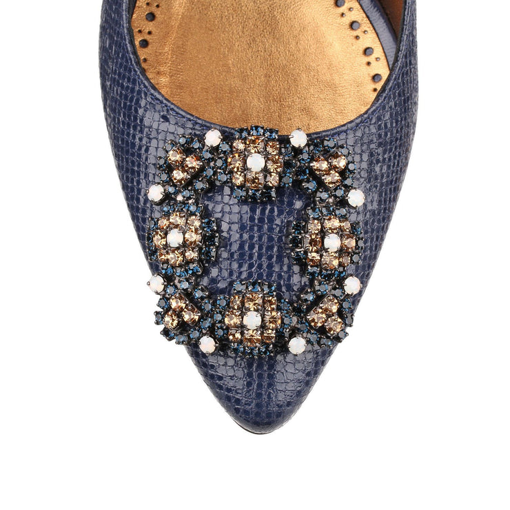 Hangisi 70 blue printed suede, colour buckle pump