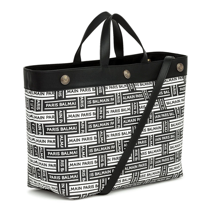 Black and white logo leather tote