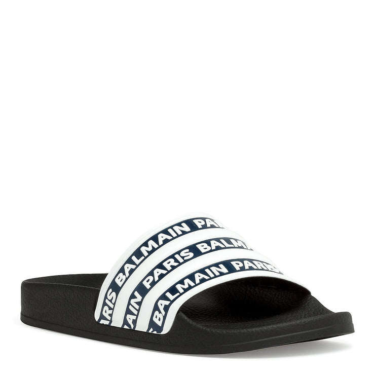 Blue and white logo rubber slide