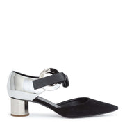 Suede and mirror leather 40 grommet pumps